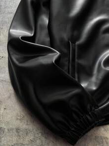 AXEPEAK 加大码男士休闲PU皮拉链翻领长袖夹克，秋季/秋冬季 - 黑色 - 查看 4