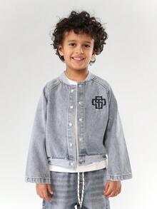 SUMWON Kids Denim Bomber Jacket Light Wash Retro Style Classic Outwear Ribbed Elastic Casual Streetwear Winter Spring Fall Daily Wear Youth Fashion - Blue - View 1