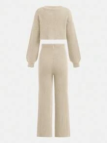 SHEIN Conjunto de suéter casual versátil con cardigan de cuello en V color albaricoque y pantalones de punto para adolescentes - Albaricoque - Ver 2