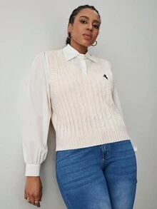 SHEIN Tall CURVE Plus Size Women's Casual V-Neck Knitted Vest With Knight Pattern, Autumn/Winter - Apricot - View 4