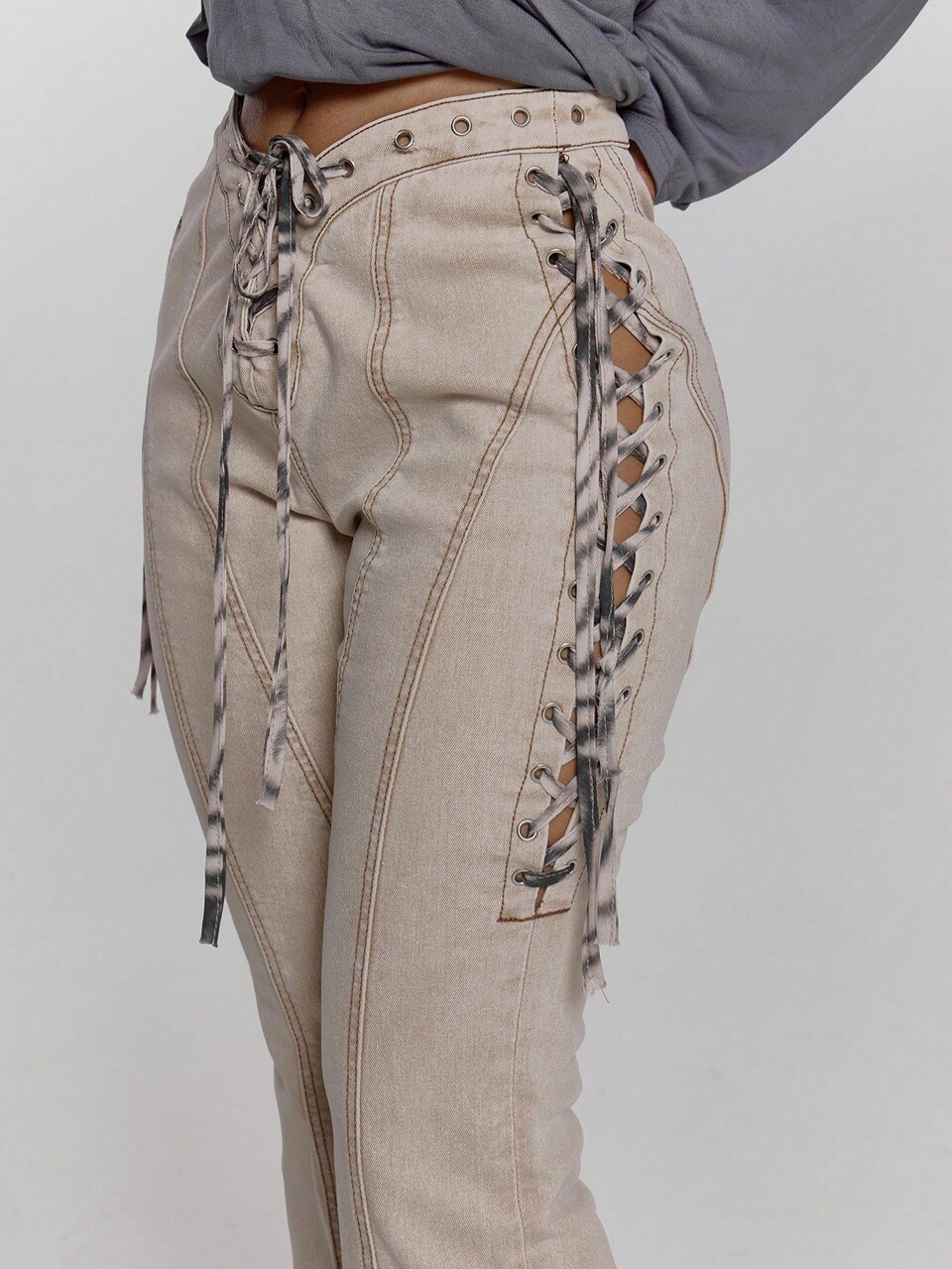 Khaki Animal Print Lace Up Front And Sides Low Waisted Flared Jeans, Punk Streetwear Contrast Seam Washed Pants For Night Out,Summer Fall Winter
