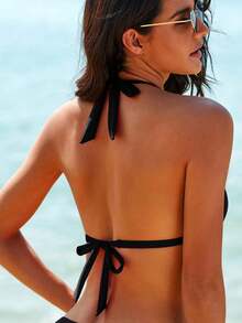SHEIN Swim Summer Beach Solid Halter Bikini Top - Black - View 2