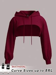 SHEIN CURVE+ Suéter negro de punto extra grande con capucha ultrashort, adecuado para usar en otoño e invierno - Burdeos - Ver 1