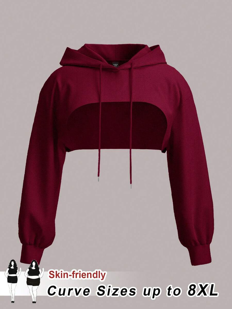 SHEIN CURVE+ Suéter negro de punto extra grande con capucha ultrashort, adecuado para usar en otoño e invierno - Burdeos - Ver 1