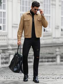 Manfinity CasualCool 男士纯色长袖拉链领口袋休闲外套，秋冬款 - 咖啡棕 - 查看 4