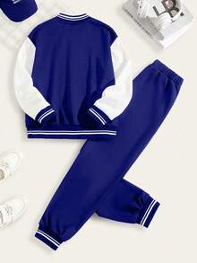 SHEIN Vacaura Tween Boy Color Block Letter Print Jacket And Pants Set - Royal Blue - View 2