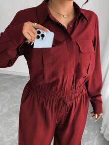 Elenzga 大码女式法式浪漫西西里优雅休闲通勤度假纯棕色衬衫领隐形门襟松紧下摆长袖衬衫 + 松紧腰工装裤套装，春/秋/冬 - 紫紅色 - 查看 5