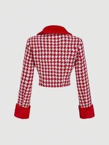 SHEIN MOD 撞色领红白格子短款西装外套和迷你裙套装 - 紅白色 - 查看 4