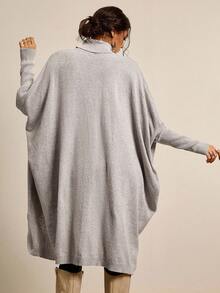 Freevana 大码纯色高领不对称下摆长袖套头衫 - 卡其色 - 查看 2