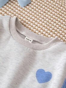 Genkimix Kids Girls Fall Winter Sweatshirt, Korean Style Heart Print Fleece Pullover With Blue Striped Ruffle Hem & Puff Sleeves, Casual Long Sleeve Tops For Young Girls - Blue - View 3