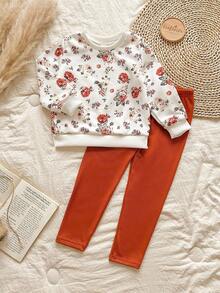 SHEIN Vintaside Kids Bộ đồ 2 món gồm áo nỉ dài tay in họa tiết hoa ombre và quần legging gân cho bé gái, thời trang và dễ thương, mùa xuân/thu - màu nâu - Xem 3