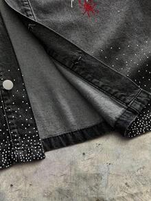 AXEPEAK Chaqueta vaquera de hombre con adornos de strass lavados, prenda exterior corta y con estilo, para otoño - Negro - Ver 3