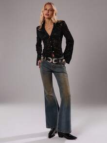 TRNVIE 1 件女式黑色蕾丝植绒腰部收紧低领喇叭袖复古波西米亚优雅长袖 T 恤，秋季 - 黑色 - 查看 4