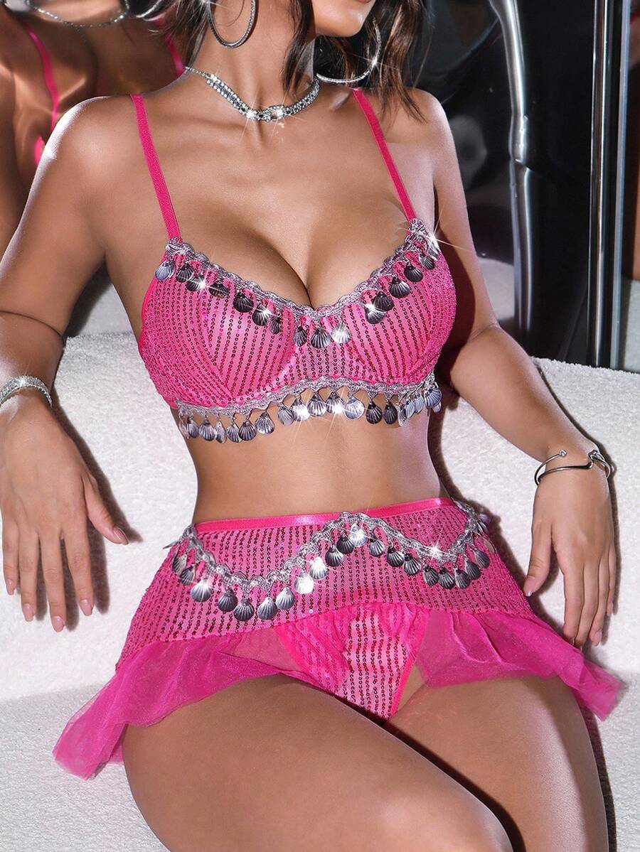 3pcs Fringe Sequin Decor Densely Embedded Crafted Design With Shimmery Pink Mesh Skirt + Underwire Cup Dreamy Sexy Lingerie Set - Hot Pink - View 1