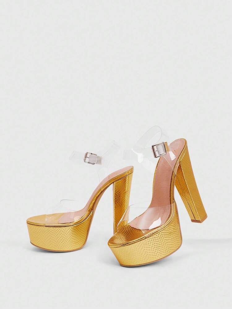 CUCCOO LuxiPop Women's Outdoor Round Toe Thick High Heel Waterproof Platform Gold Snake Skin PU & Transparent PVC Material Fashion Comfortable Daily Party Banquet Buckle Strap Sandals