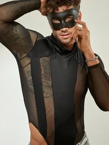 FeverCity Bộ đồ liền thân tay dài cổ tròn phối lưới gợi cảm dành cho nam, mùa thu - màu đen - Xem 1