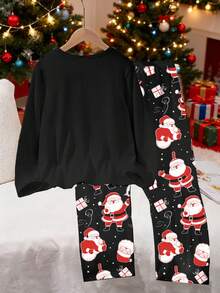 Set de pijama de 2 piezas con estampado de Papá Noel para niños adolescentes, que incluye top de manga larga de cuello redondo negro y pantalones holgados con estampado total