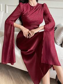 DAZY Váy nữ cổ tròn vải chắp vá tay loe thanh lịch màu đỏ, váy nữ, năm mới - Màu Đỏ Sâu - Xem 7