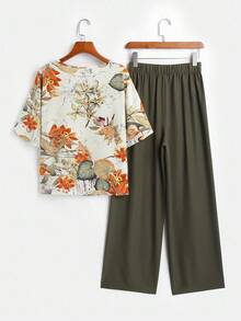 EMERY ROSE Women's Floral Print Round Neck Short Sleeve Top And Solid Color Pants 2 Pieces Set - Multicolor - View 2
