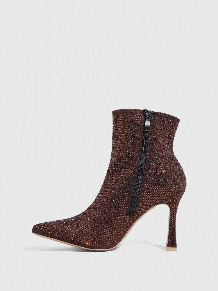 CUCCOO SZL Women's Fashionable Pointed Toe Stiletto Heel Coffee Color Full Rhinestone Ankle Boots, Glamorous Sexy For Party, Wedding