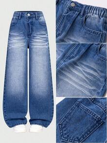 بنطلون جينز واسع الساق مهترئ بتصميم كاجوال رجعي مناسب للجنسين، لفتيات البدناء، باللون الأزرق - الأزرق - مشاهدة 2