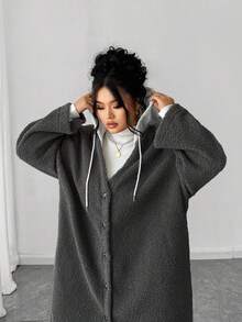 Elenzga Áo khoác cardigan dài dáng rộng, cổ chữ V nhiều màu, chất liệu vải lông mịn, mới, phù hợp cho kỳ nghỉ, hẹn hò, đi làm hàng ngày, du lịch ngoài trời, v.v. - Nhiều màu - Xem 2