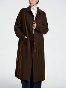 Aalyst 女士羊毛混纺衬衫领衬里纽扣前口袋长外套，法式复古办公室通勤商务休闲街头装，简单百搭秋冬装，适合万圣节、圣诞节、感恩节、下午茶派对、返校 - 棕色 - 查看 3