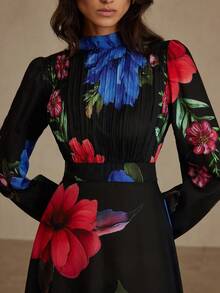 Aveloria Revavyn Elegant Floral Print High Neck Ruched Front Long Sleeve Midi Dress, Autumn/Winter - Multicolor - View 1