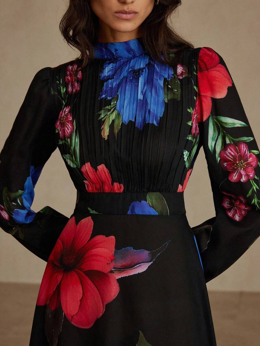 Aveloria Revavyn Elegant Floral Print High Neck Ruched Front Long Sleeve Midi Dress, Autumn/Winter - Multicolor - View 1