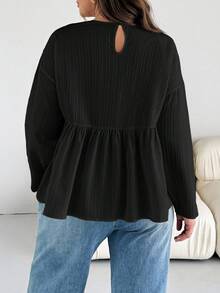 SHEIN Essnce Blusa de manga larga con volantes de tela texturizada cómoda y holgada para mujer de talla grande, para primavera y otoño, para volver a la escuela - Negro - Ver 3
