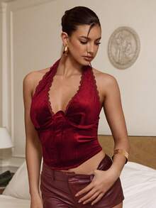 Aloruh Women's Christmas Sexy Elegant Y2K Fitted Waist Halter Red Crop Top,Women's Red Corset,Red Tops,Music Festival Red Top,Thanksgiving For Women,New Year Women's ,Christmas Party - Burgundy - View 8