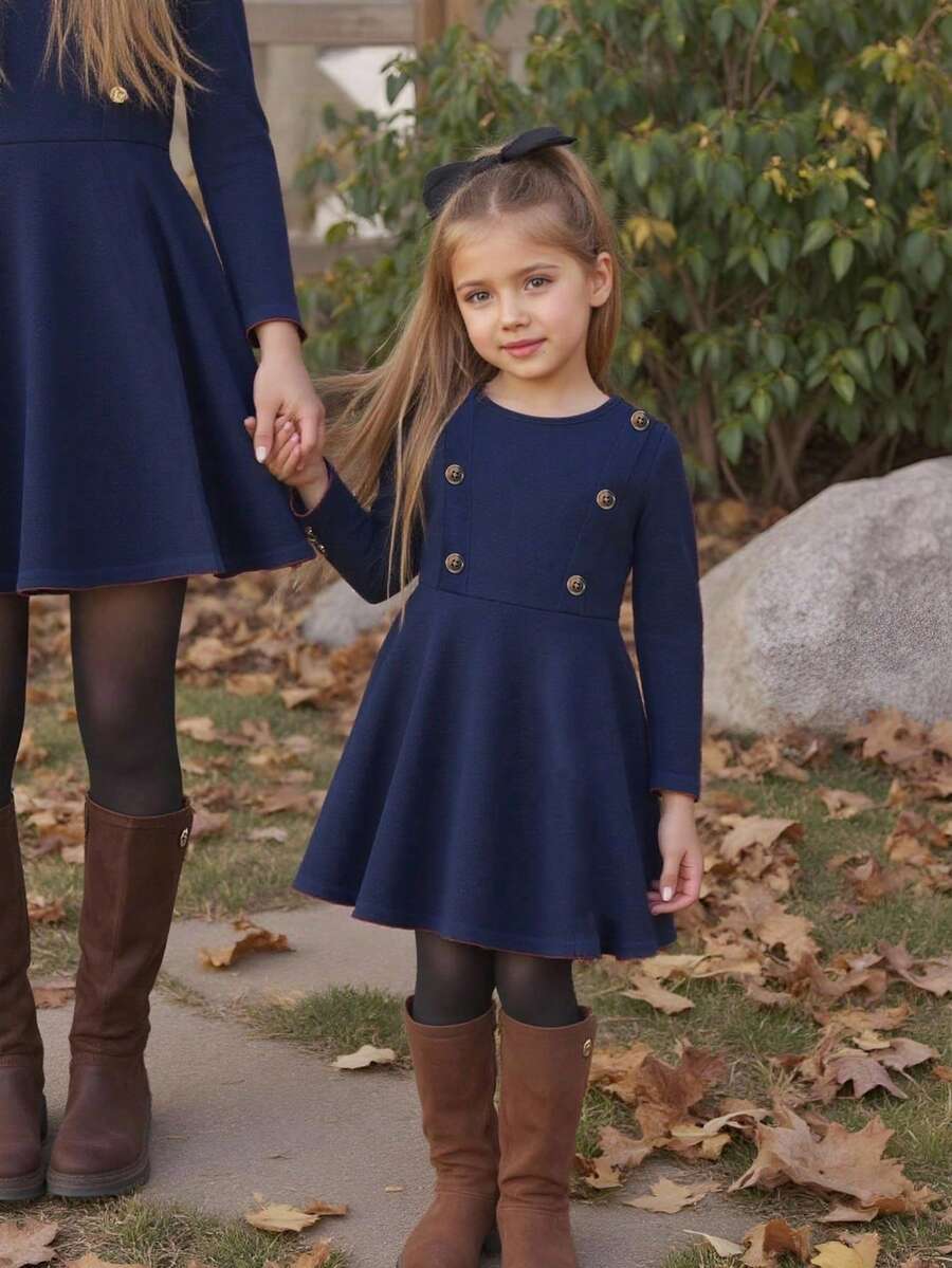 Emery Rose Kids Emery Rose Kids 海军蓝色学院风长袖连衣裙