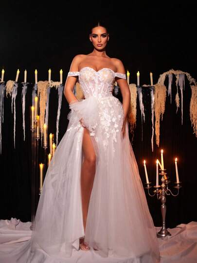 Glamrae 优雅奢华刺绣蕾丝贴花露肩袖性感高开衩拖尾长裙，适合婚礼、活动、派对、度假、庆典、正式场合（重刺绣）