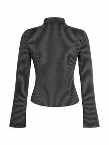 Zielony Women's Striped Long Sleeve Casual Shirt, Spring/Summer,Long Sleeve Tops Fall Cloth For Women - Dark Grey - View 7