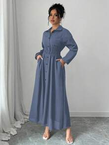 Elenzga Women's Spring/Autumn Solid Color Long Sleeve Single-Breasted Long Casual Shirt Dress Maxi Women Outfit