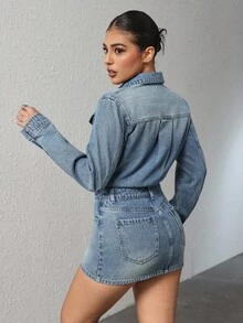 Rivivi Women's Autumn Long Sleeve Single-Breasted Pocket Bodycon Casual Denim Dress