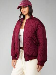 MISSGUIDED Boxy Fit Quilted Bomber Winter Jacket Puffer Casual Outerwear Reversible Padded With Ribbed Collar Cuffs Zipper Front Closure Warm Elegant Autumn - Burgundy - View 4