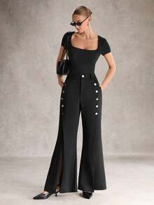 SHEIN Unity Pantalones elegantes de pierna acampanada con bolsillo y decoración de botones de unicolor para mujer - Negro - Ver 1