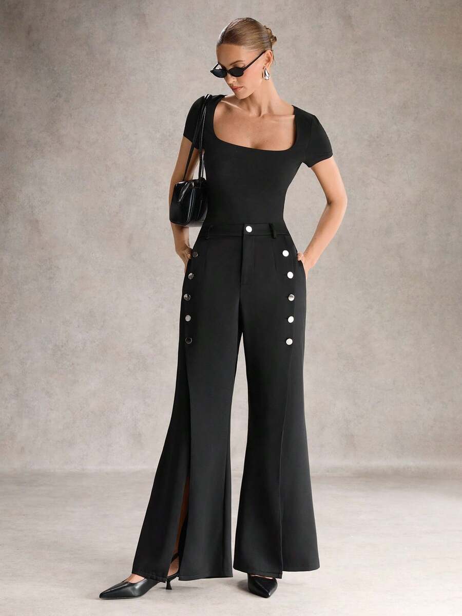 SHEIN Unity Pantalones elegantes de pierna acampanada con bolsillo y decoración de botones de unicolor para mujer - Negro - Ver 1