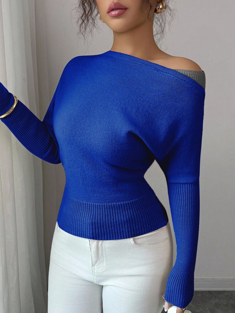Elenzga Women's Colorblock Asymmetric Neck Pullover Sweater, Elegant Vintage Style Suitable For Vacation And Holidays, Spring/Autumn - Multicolor - View 6