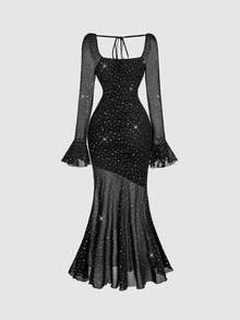 SHEIN MOD 女士黑色喇叭袖美人鱼连衣裙，适合生日、生日、2000年代风格、仙女风、节日、哥特风、婚礼宾客礼服、生日礼服、派对礼服、仙女风、外出礼服、秋季婚礼宾客礼服、亮片连衣裙 - 黑色 - 查看 2