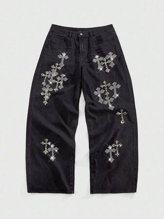 Street Life Jeans à jambe large avec ornements de strass en forme de croix pour hommes