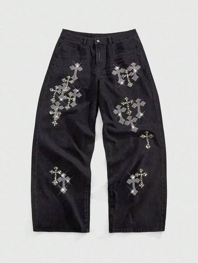 Street Life Jeans de pierna ancha con adorno de cruz de rhinestone para hombre
