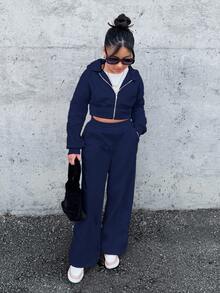 SHEIN Tween-Mädchen Nova Glow Kinder Bequemes Party & Street Einfarbiges Strick-Kapuzenpullover-Sweatshirt Loses Set