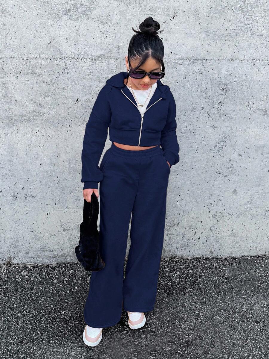 SHEIN Tween-Mädchen Nova Glow Kinder Bequemes Party & Street Einfarbiges Strick-Kapuzenpullover-Sweatshirt Loses Set