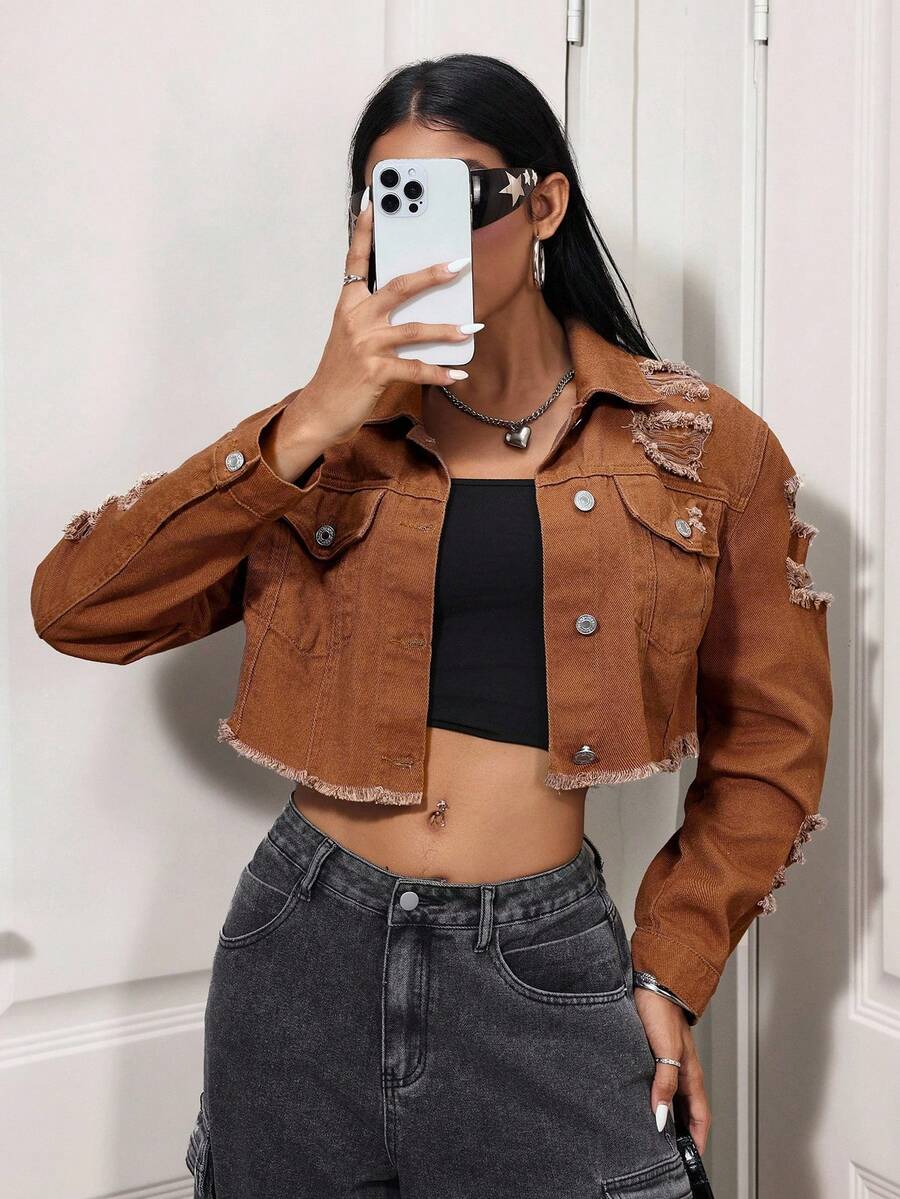 SHEIN Chaqueta vaquera de manga larga con botones delanteros, bajo deshilachado y unicolor desgastado - Marrón - Ver 1