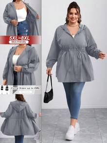 SHEIN CURVE+ Áo khoác nữ màu trơn cạp chun cỡ lớn Curves/Quần áo đi học/Quần áo trở lại trường/Áo khoác nữ màu trơn cỡ lớn, dài vừa, Thu/Đông - Màu xám đen - Xem 9