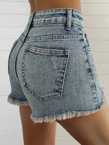 DAZY 女士夏季毛边超短牛仔短裤，性感休闲牛仔短裤 - 淺色水洗藍 - 查看 3