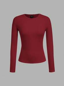 SHEIN EZwear 女士圆领休闲修身长袖T恤三件套，黑色，杏色，酒红色，秋冬 - 彩色 - 查看 3