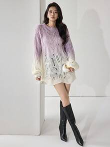 Heiryn 女士休闲渐变镂空宽松针织超大毛衣，秋冬 - 彩色 - 查看 2